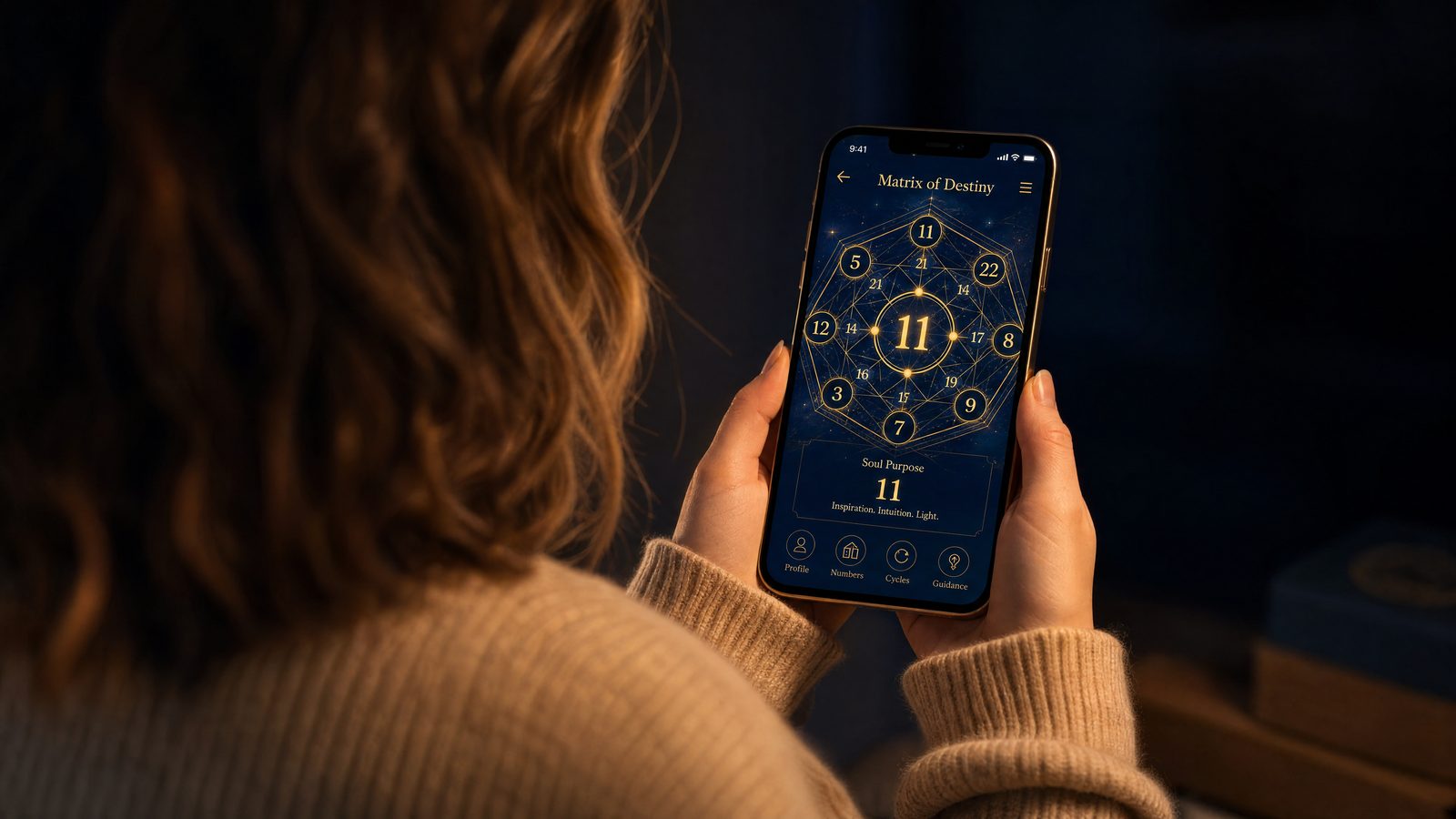 Woman checking her Matrix of Destiny on her phone