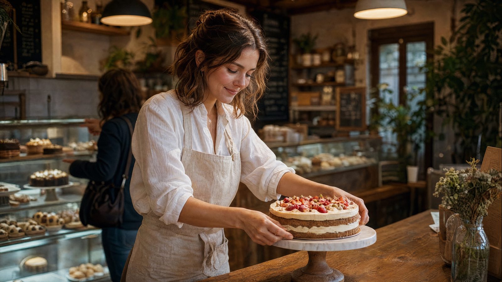 Pastry chef presenting a cake in her own pastry shop