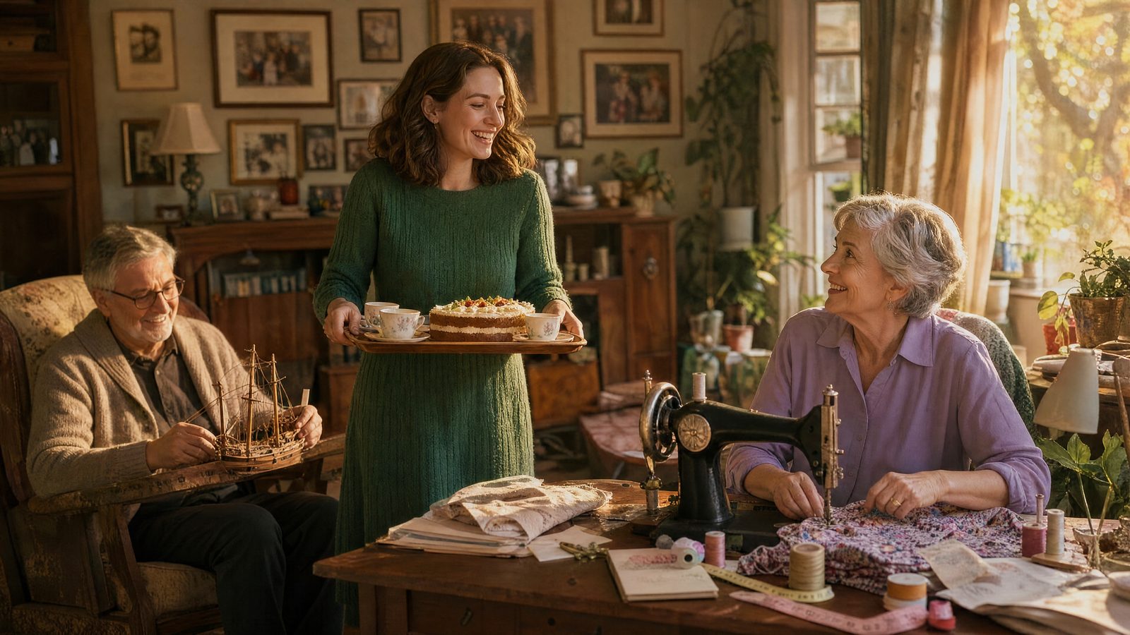 Woman bringing a cake to her parents while her mother sews
